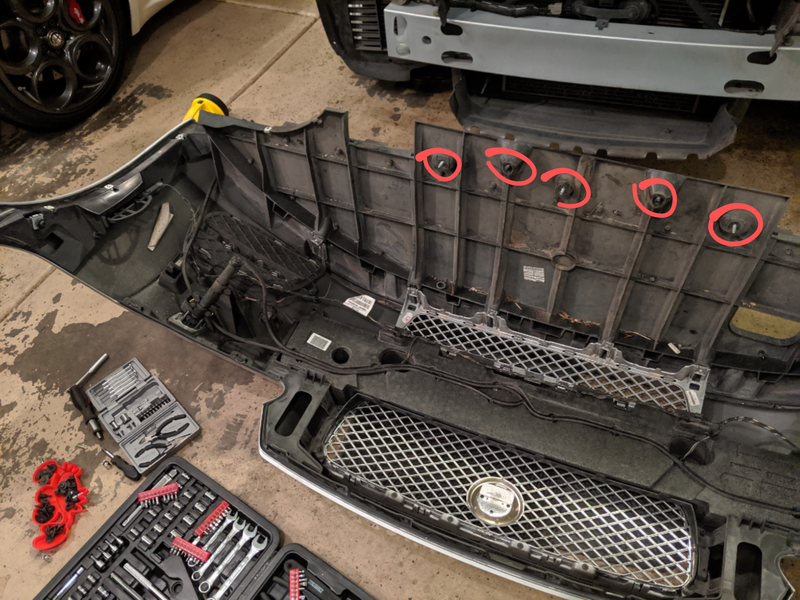 Two allen bolts are located just a tiny bit aft of three Torx screws. I actually wasn’t sure if this trick was for the XF only, so I wasted a fair bit of time removing the 12 under-lip bolts which was not necessary. Just remove the five marked here.